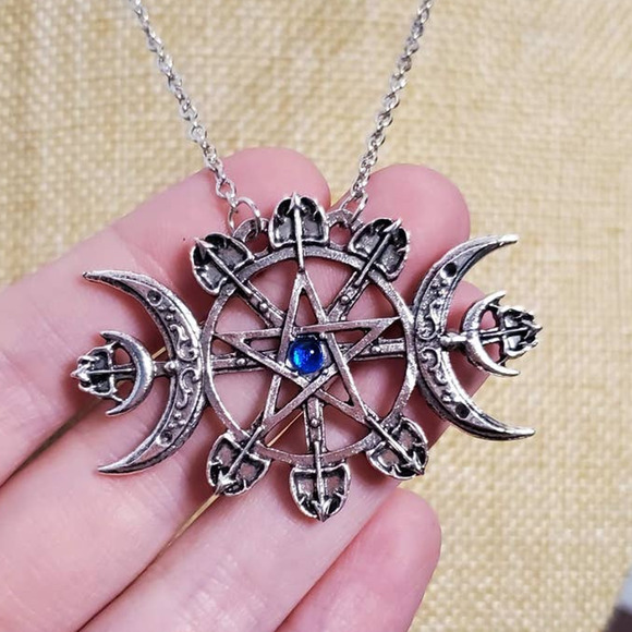 NEW! Witchy Vintage Gothic Pentagram Dual Moon Pendant Necklace w/ Blue Center - Picture 1 of 8